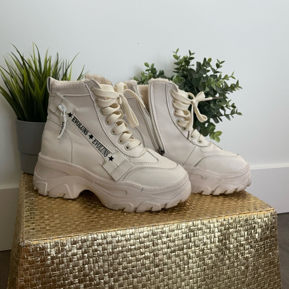 Cream faux fur lined combat boots